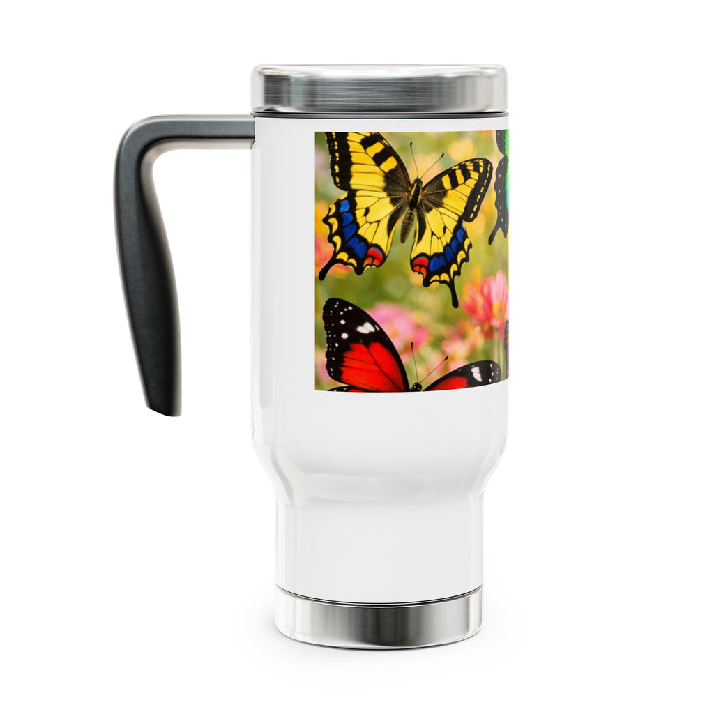 Taza de viaje Butterfly Garden — Taza aislada de acero inoxidable de 14 oz con asa