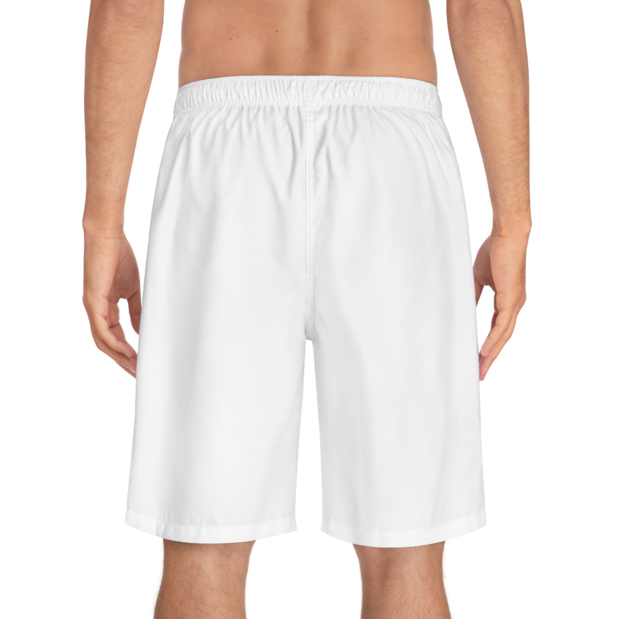 Board Shorts — White Swim Trunks with Small 'SMF' Logo