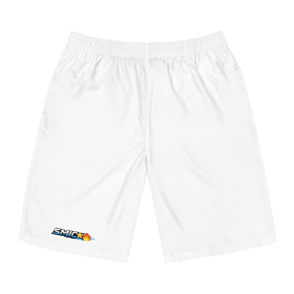 Board Shorts — White Swim Trunks with Small 'SMF' Logo
