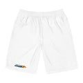 Board Shorts — White Swim Trunks with Small 'SMF' Logo
