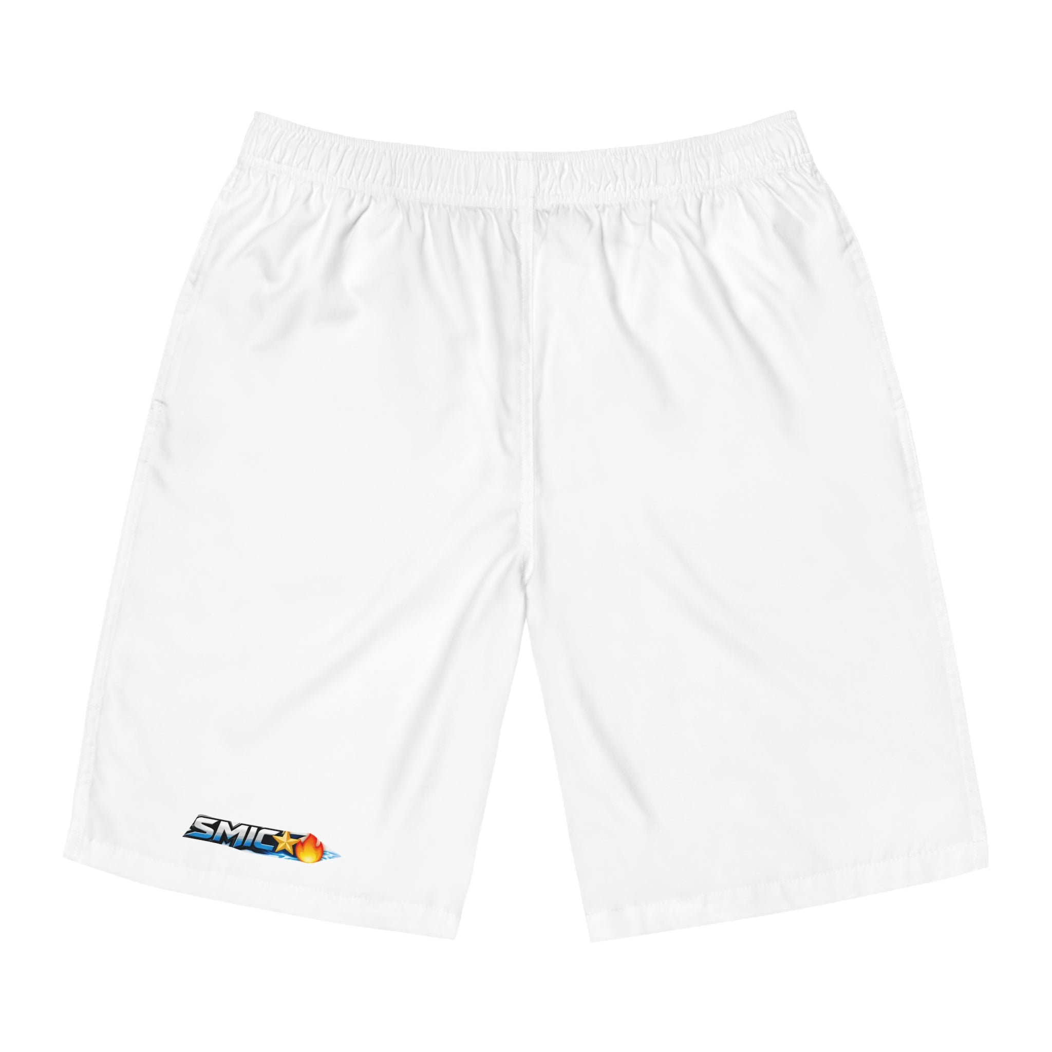Board Shorts — White Swim Trunks with Small 'SMF' Logo