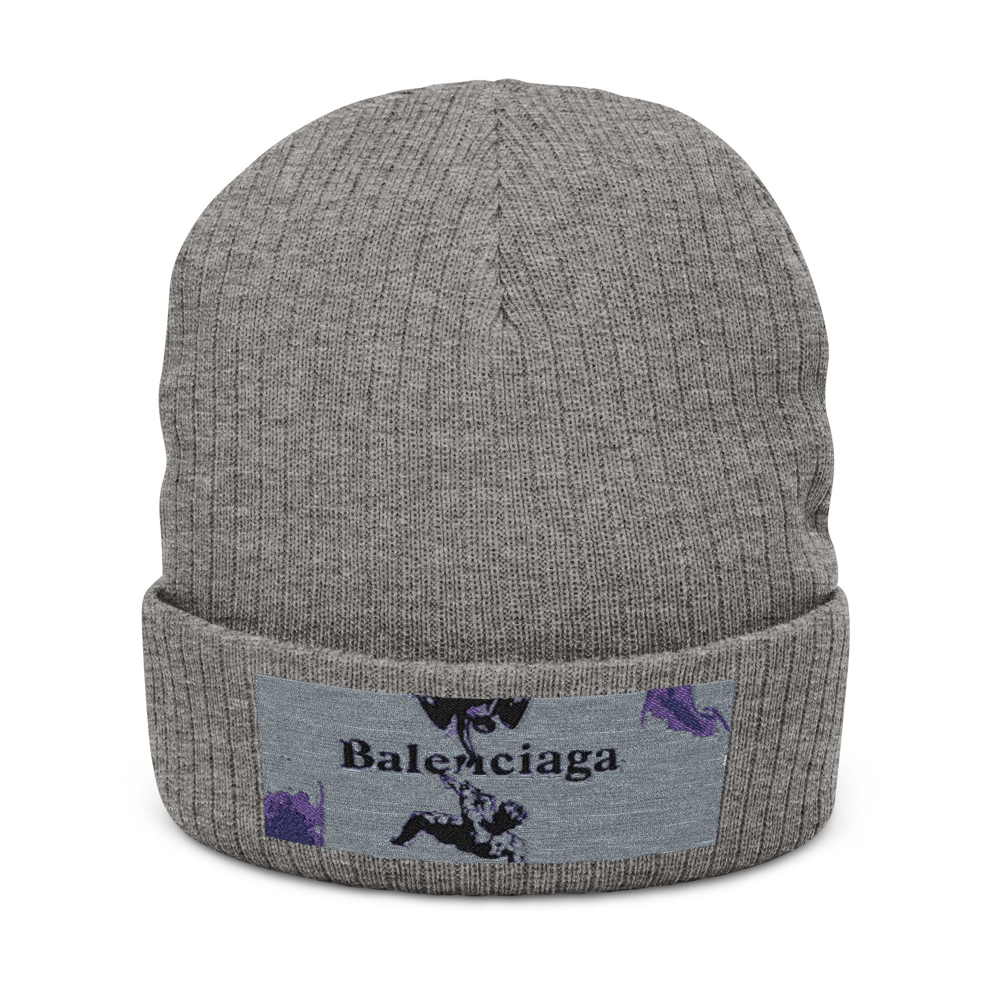 Embroidered Ribbed Knit Beanie — Sparkle Floral Patch Winter Hat