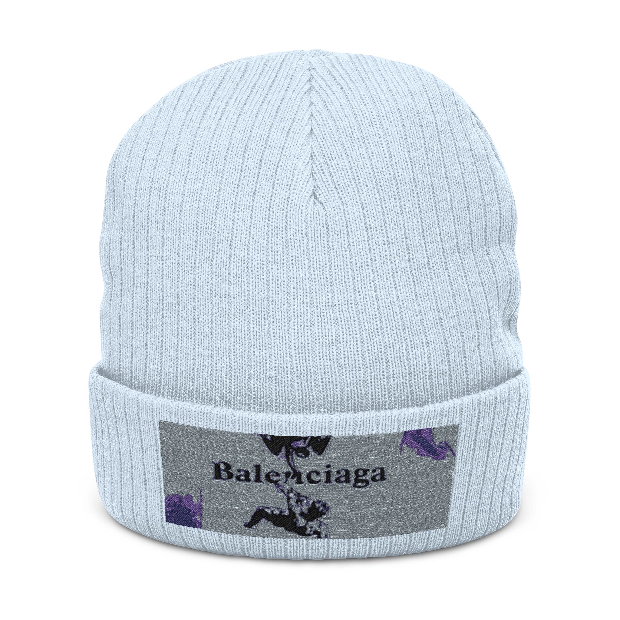 Embroidered Ribbed Knit Beanie — Sparkle Floral Patch Winter Hat