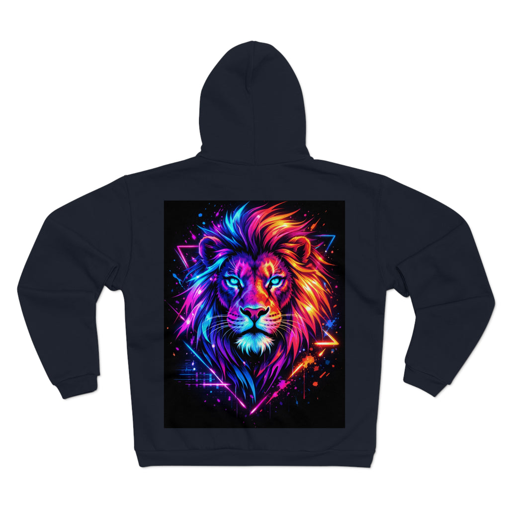 Neon Lion Zip Hoodie - Vibrant Colorful Back Print