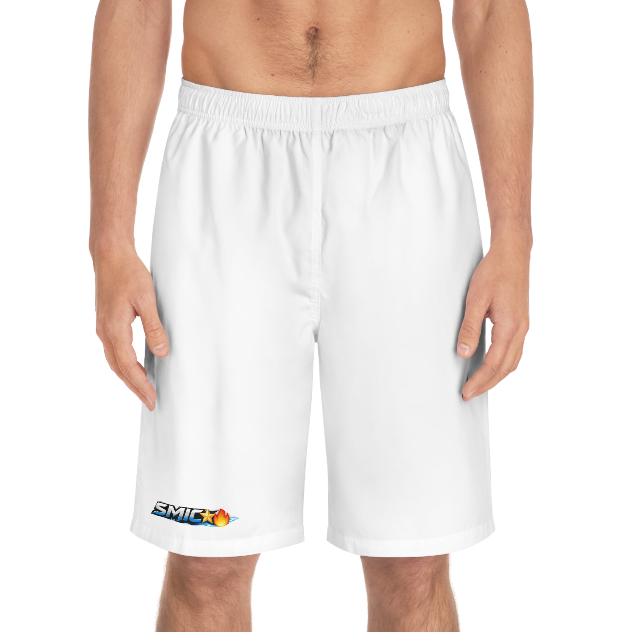 Board Shorts — White Swim Trunks with Small 'SMF' Logo