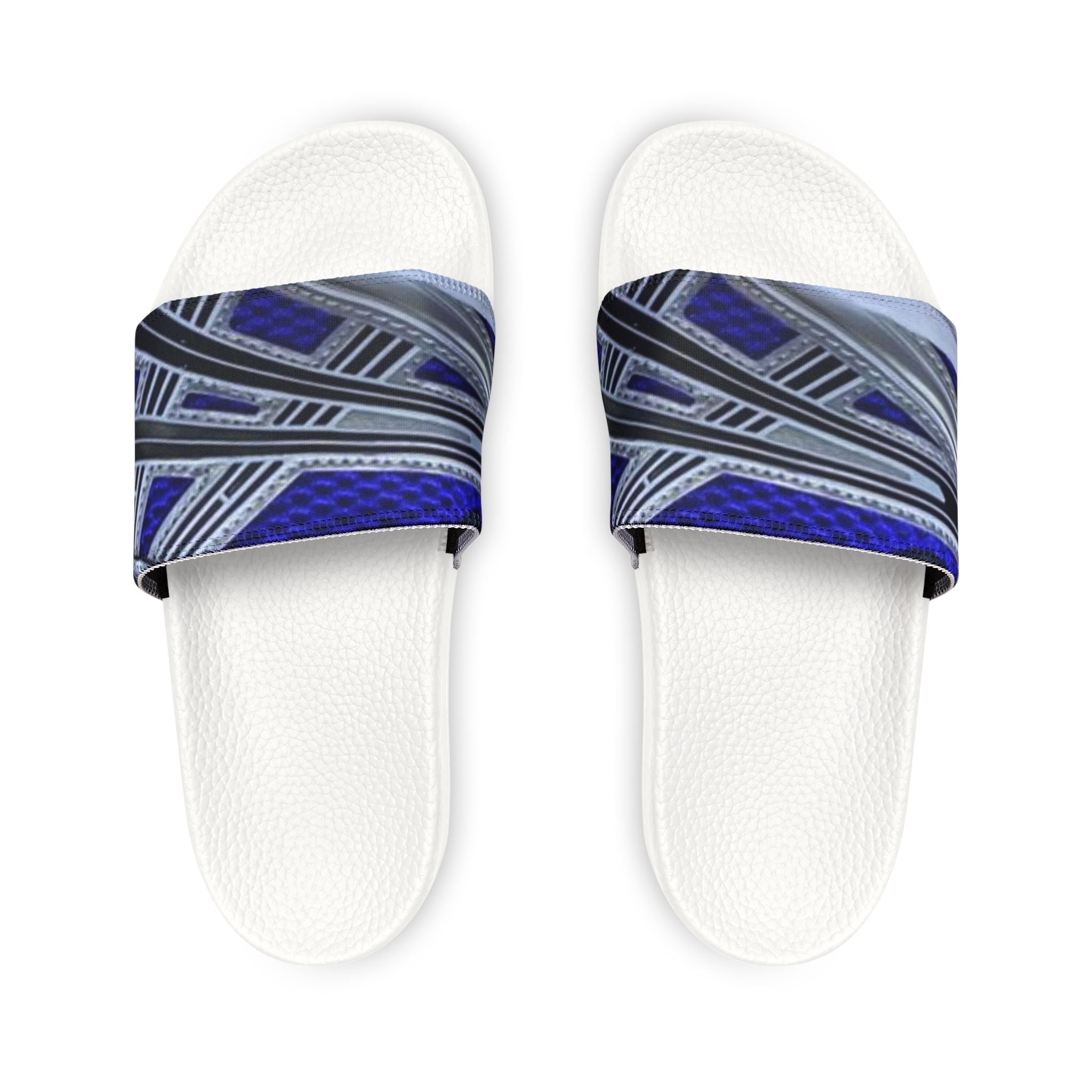 Men's Blue Geometric Slide Sandals — Removable Strap Casual Pool & Lounge Slides