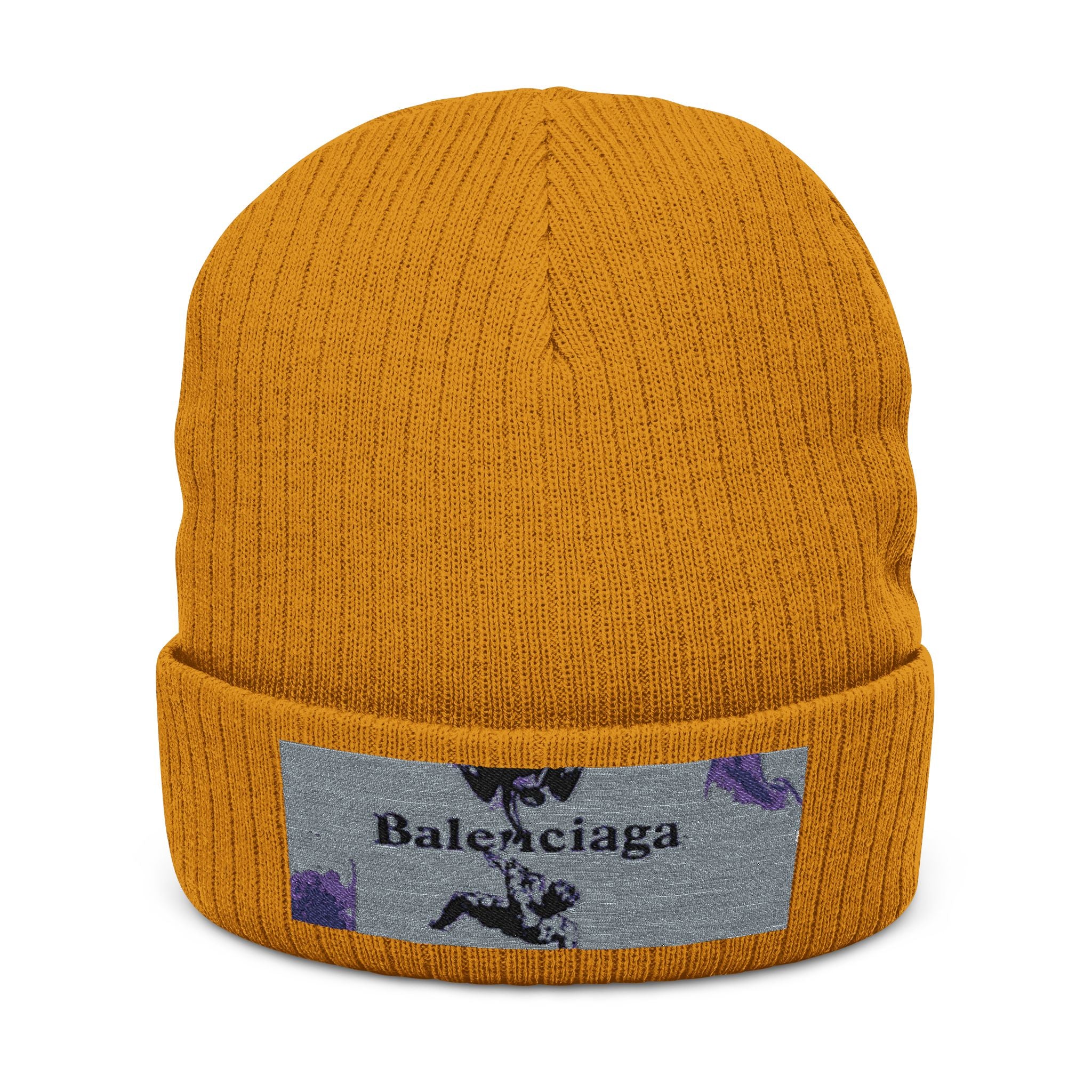 Embroidered Ribbed Knit Beanie — Sparkle Floral Patch Winter Hat