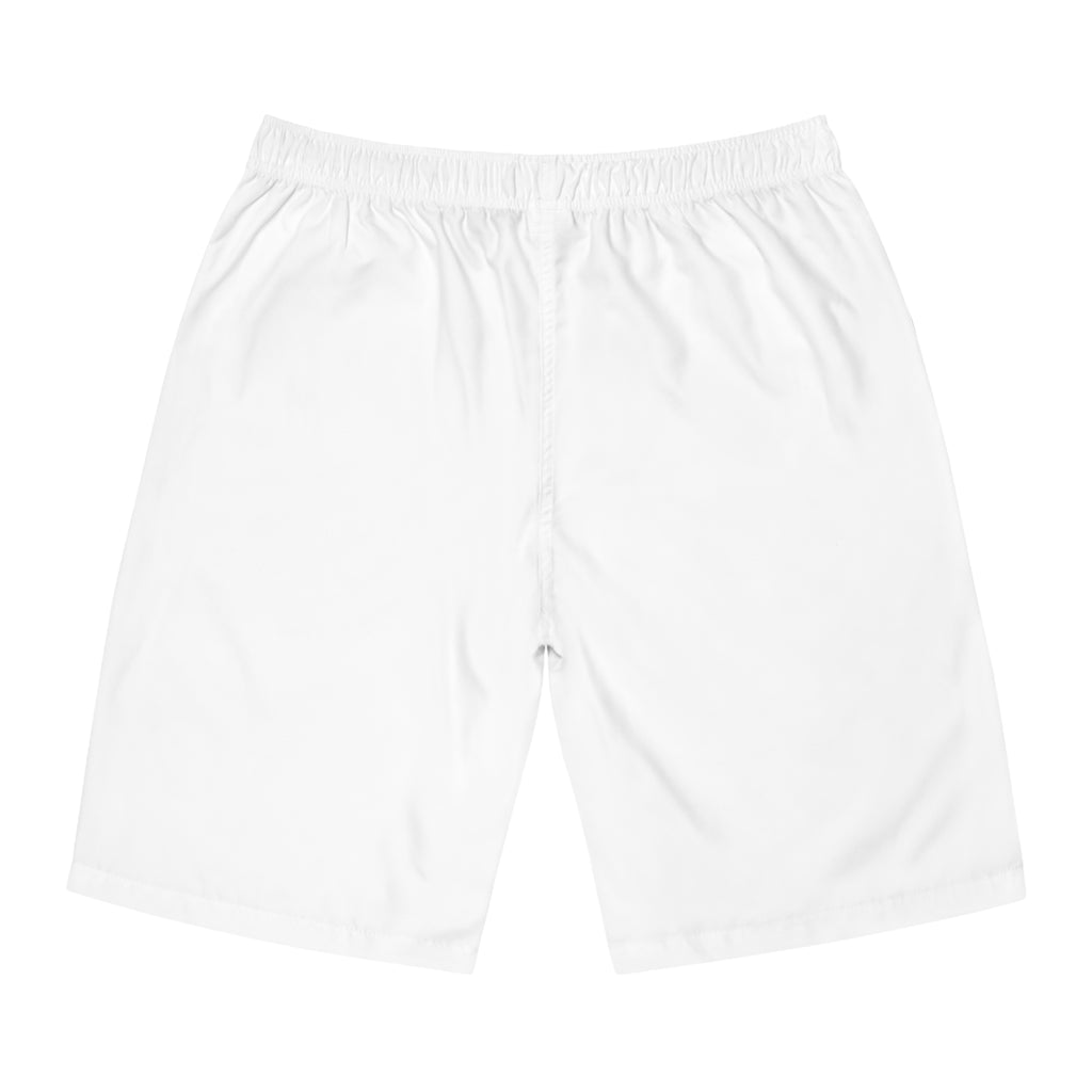 Board Shorts — White Swim Trunks with Small 'SMF' Logo