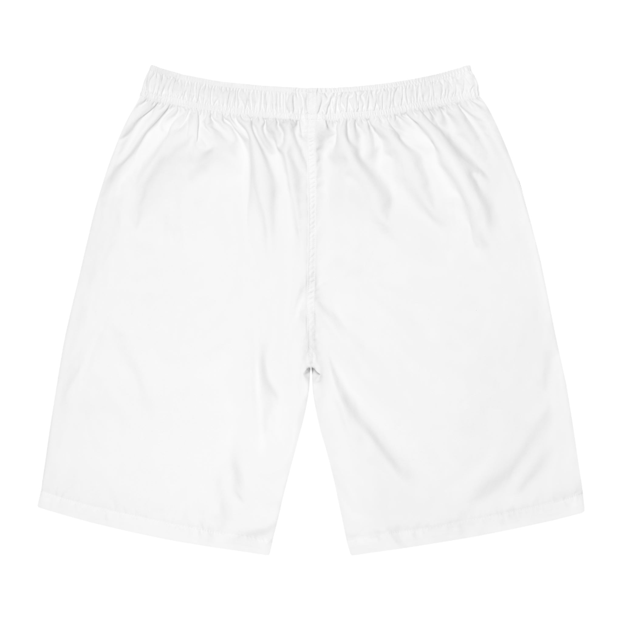 Board Shorts — White Swim Trunks with Small 'SMF' Logo